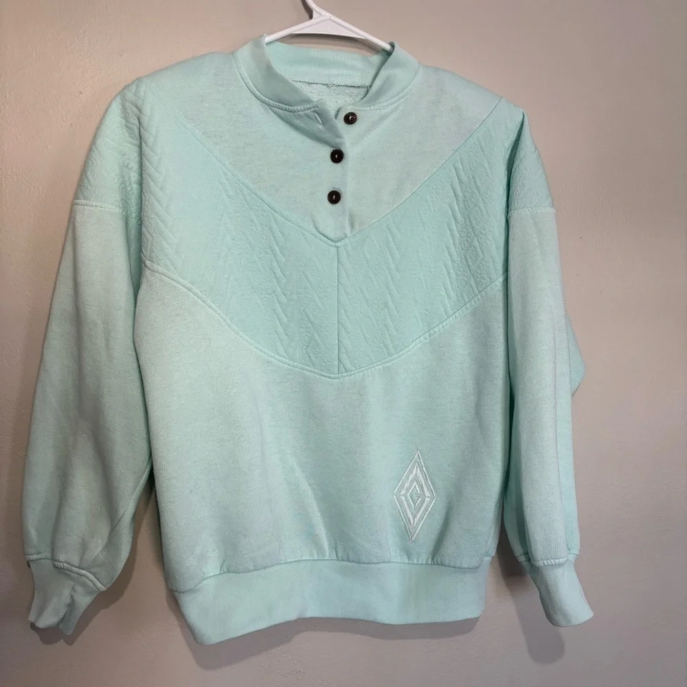 Vintage Quilted Henley Sweatshirt Mock Neck Fleece Pullover Size Small